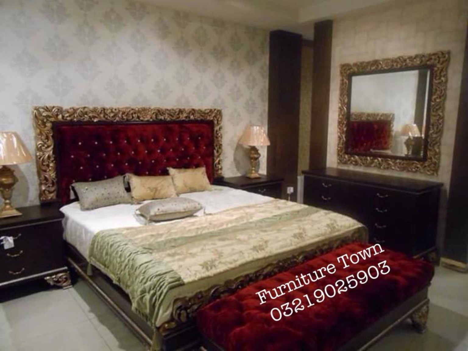 Burgundy Tufted Royal Bed in Peshawar