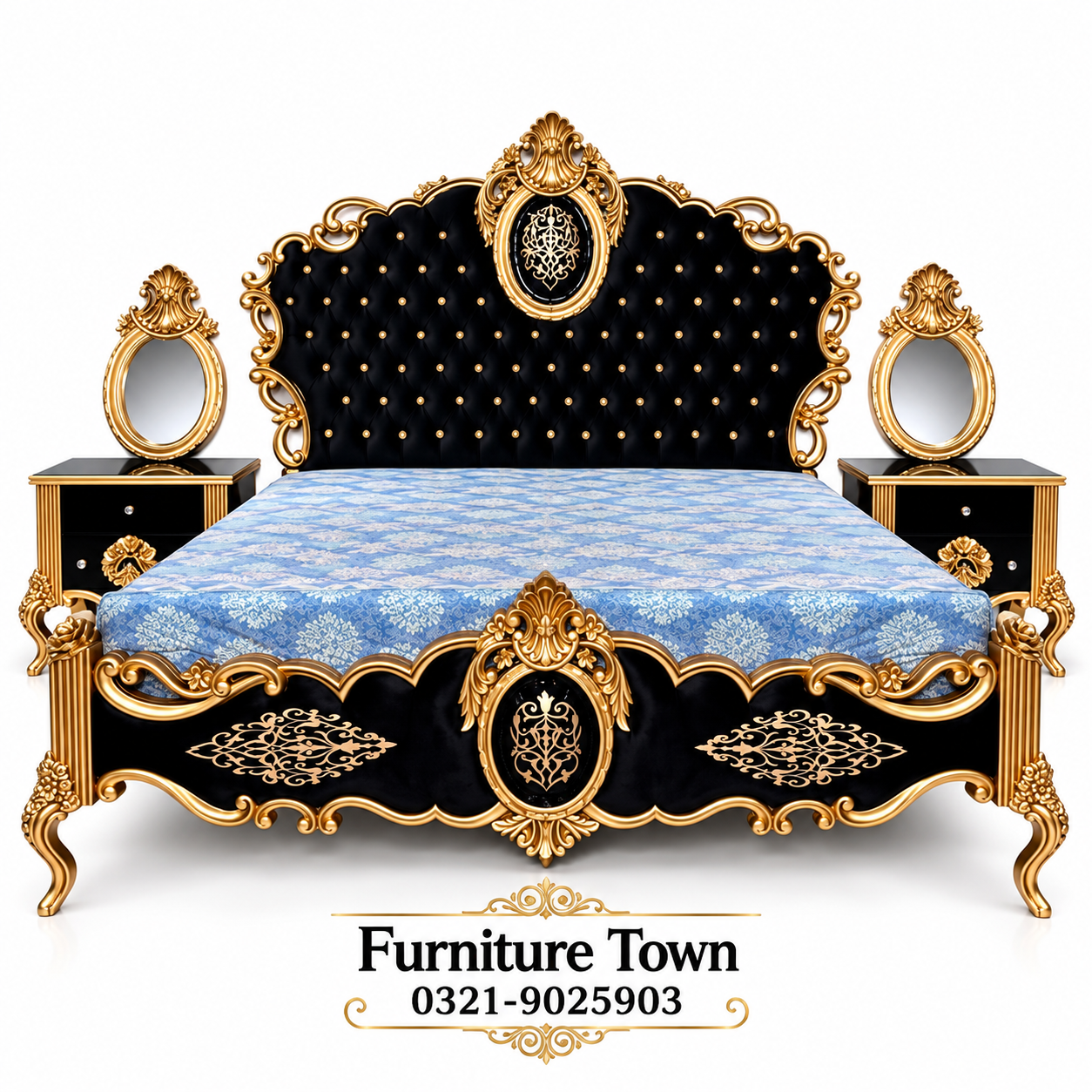 Royal Black & Gold Baroque Bed Set in Peshawar