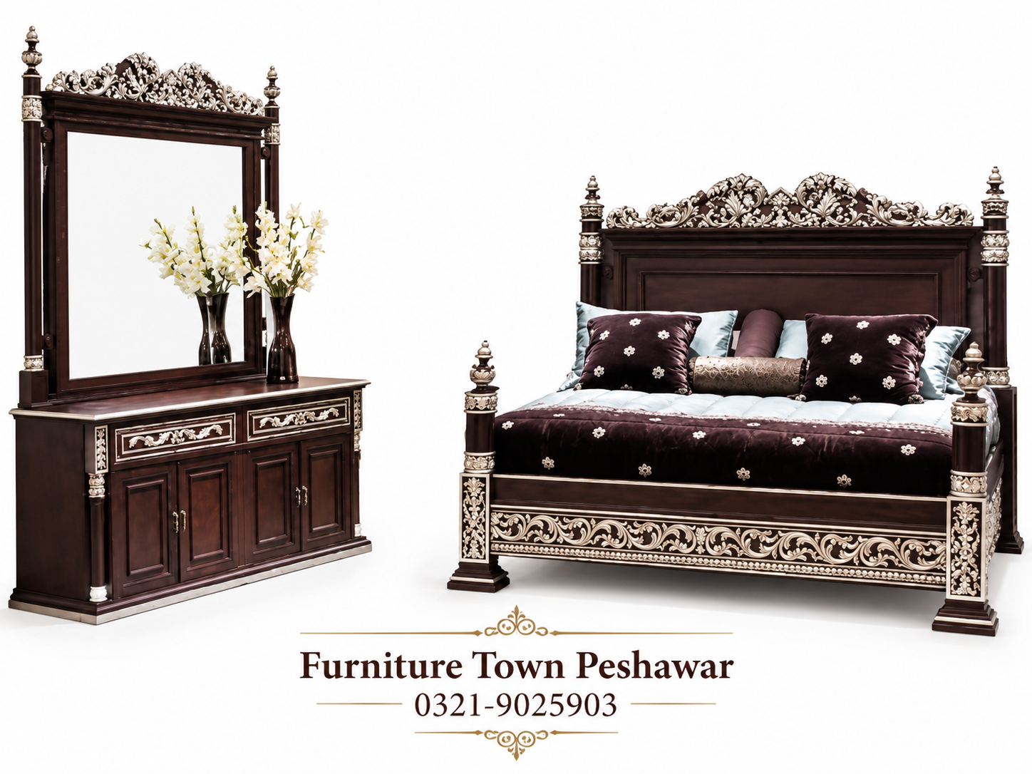 Royal Dark Walnut Carved Bedroom Set in Peshawar
