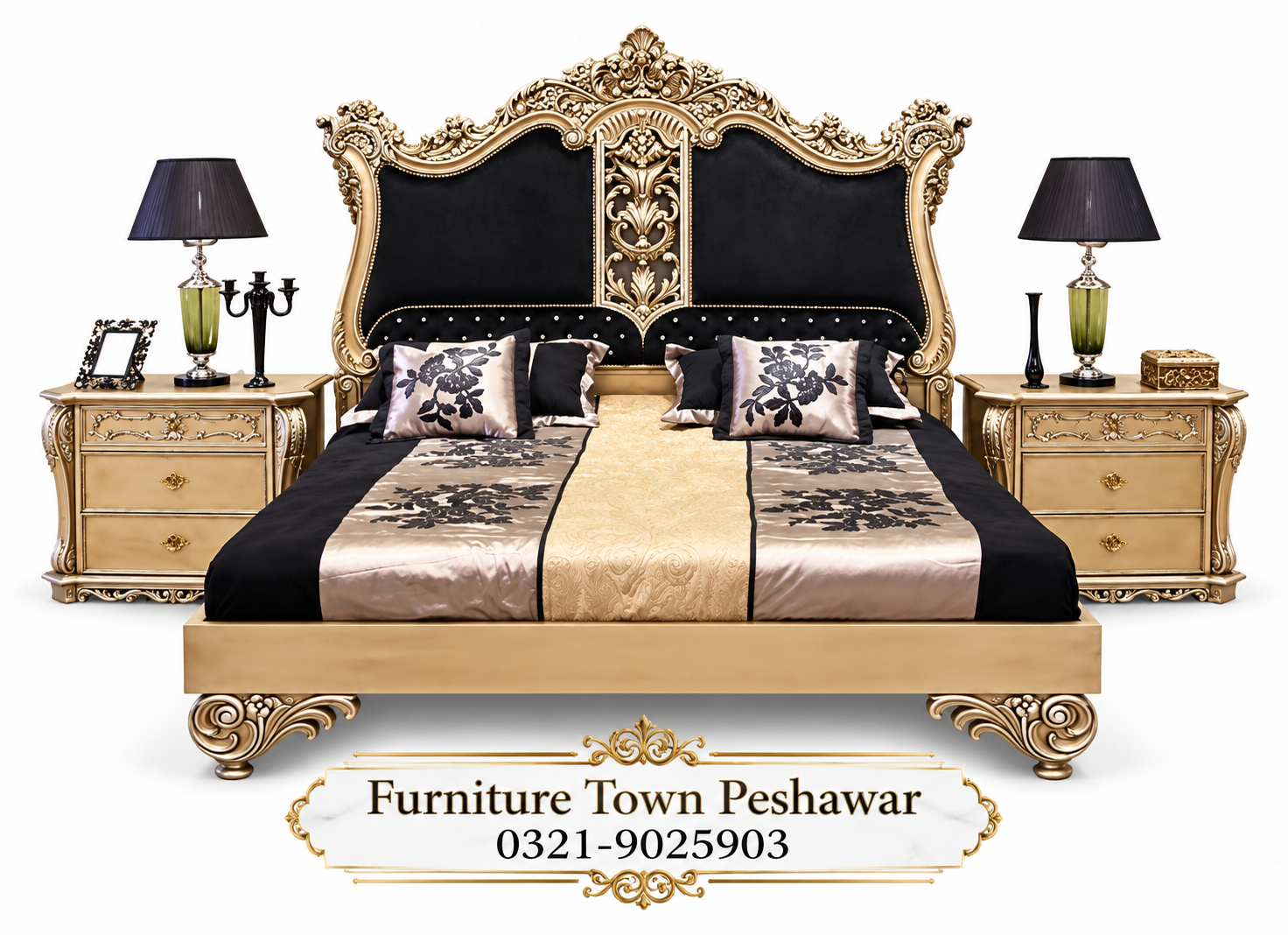 Royal Gold & Black Luxury Bedroom Set in Peshawar
